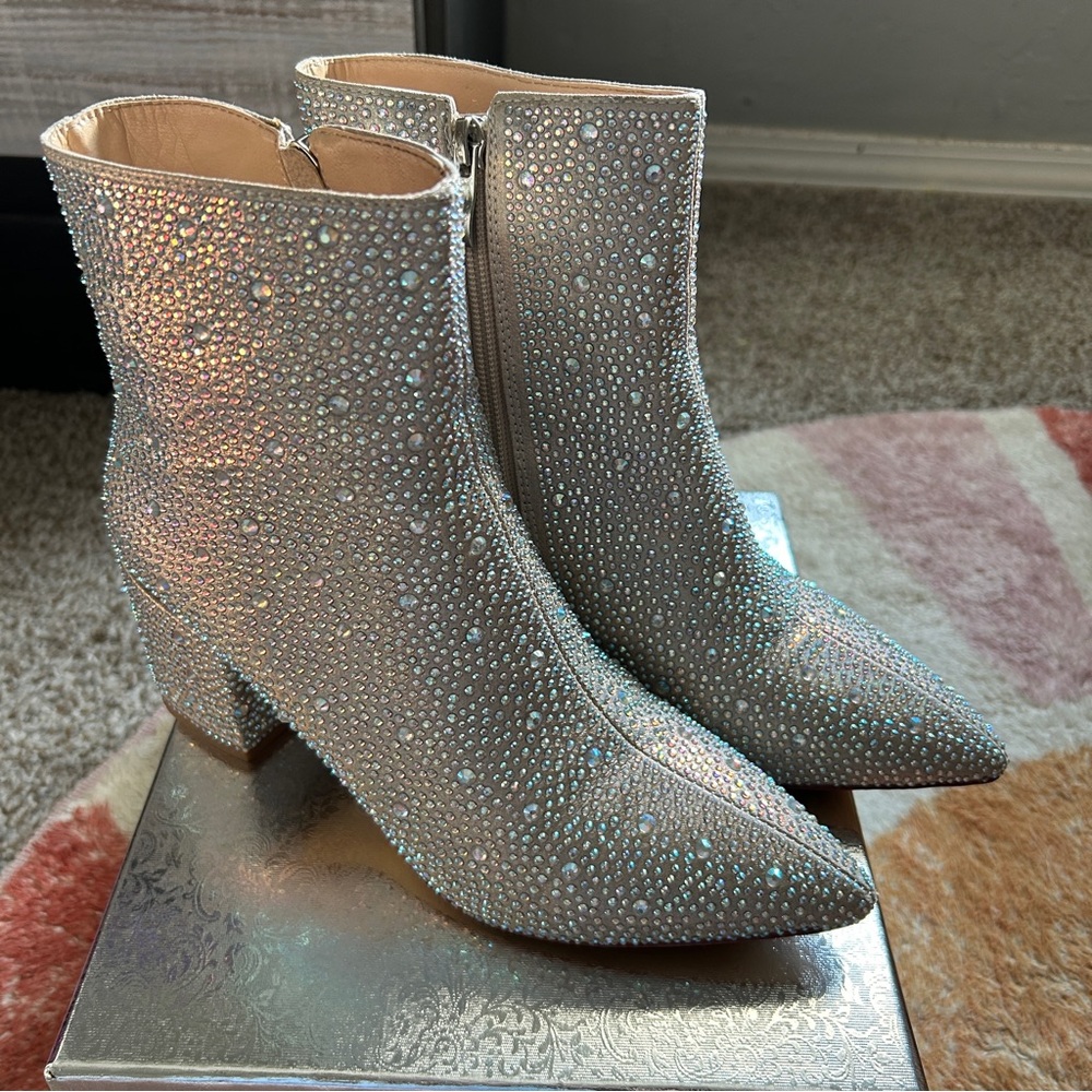 Wet Kiss Silver/Nude rhinestone ankle boots with chunky heel